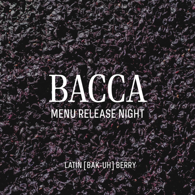 Graphic of text over a background of black grapes. The text says Bacca Menu Release Night